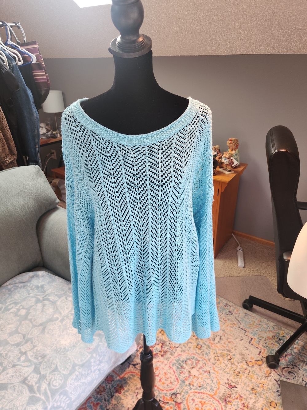 Dokotoo Light Blue Open-Knit Women’s Sweater - Breathable Casual Pullover Large